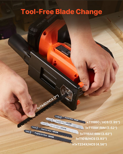 Cordless Jig Saw, 20 V Brushless Motor, 3500 SPM Blade Speed, Cordless Jigsaw with 6 pcs Blades, LED Light, 6 Variable Speed, 0- 45° Bevel Cuts, 4 Orbital Settings, for Wood and Metal Cutting