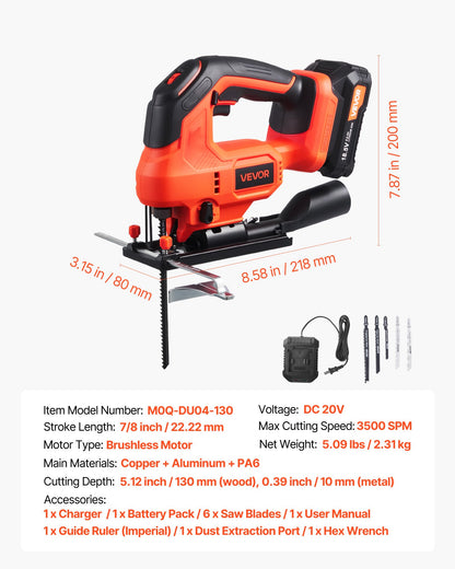 Cordless Jig Saw, 20 V Brushless Motor, 3500 SPM Blade Speed, Cordless Jigsaw with 6 pcs Blades, LED Light, 6 Variable Speed, 0- 45° Bevel Cuts, 4 Orbital Settings, for Wood and Metal Cutting
