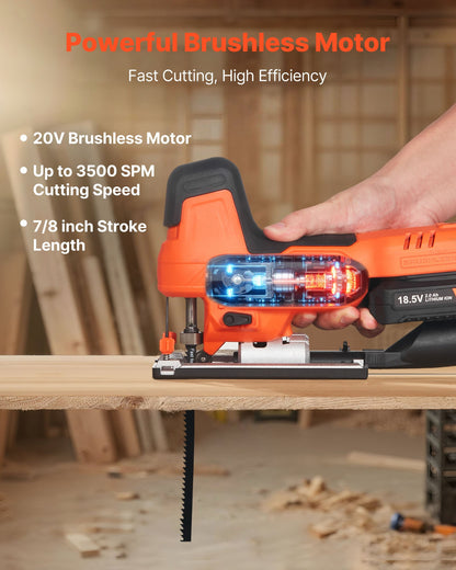 Cordless Jig Saw, 20 V Brushless Motor, 3500 SPM Blade Speed, Cordless Jigsaw with 6 pcs Blades, LED Light, 6 Variable Speed, 0- 45° Bevel Cuts, 4 Orbital Settings for Straight/Circle Cutting