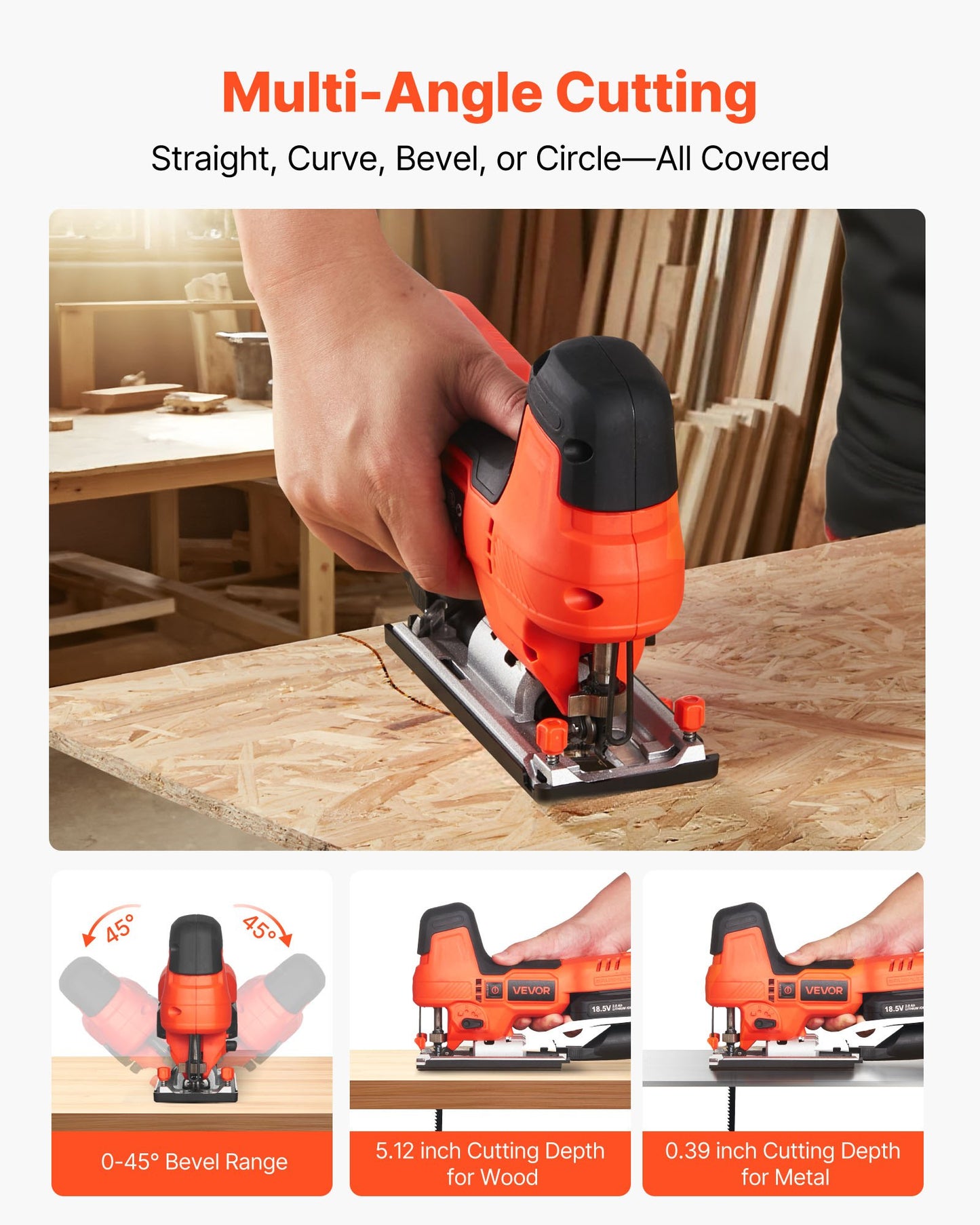 Cordless Jig Saw, 20 V Brushless Motor, 3500 SPM Blade Speed, Cordless Jigsaw with 6 pcs Blades, LED Light, 6 Variable Speed, 0- 45° Bevel Cuts, 4 Orbital Settings for Straight/Circle Cutting