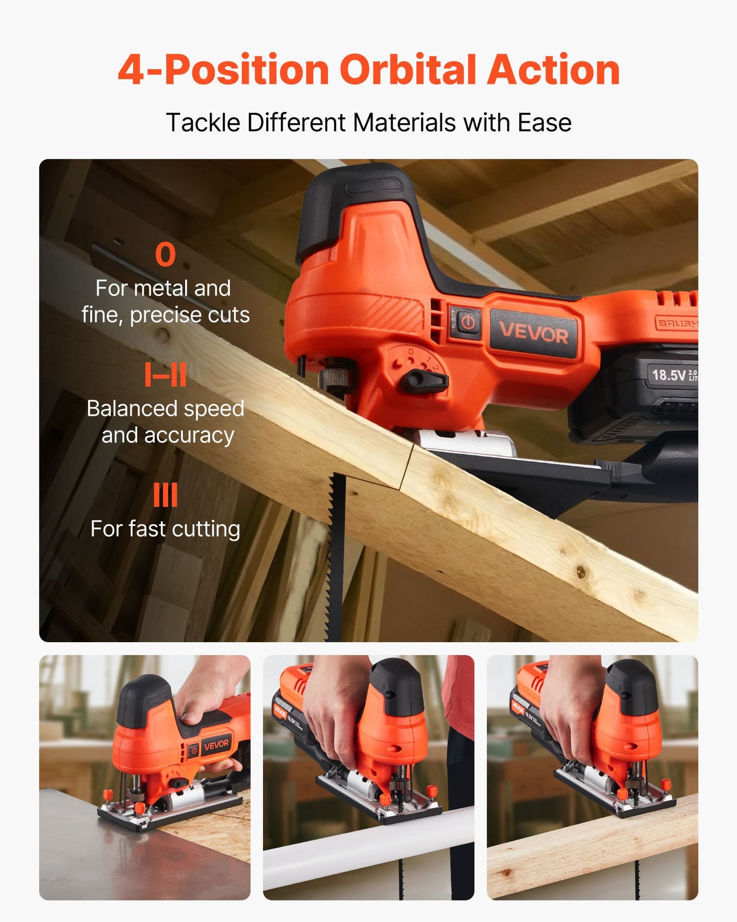 Cordless Jig Saw, 20 V Brushless Motor, 3500 SPM Blade Speed, Cordless Jigsaw with 6 pcs Blades, LED Light, 6 Variable Speed, 0- 45° Bevel Cuts, 4 Orbital Settings for Straight/Circle Cutting