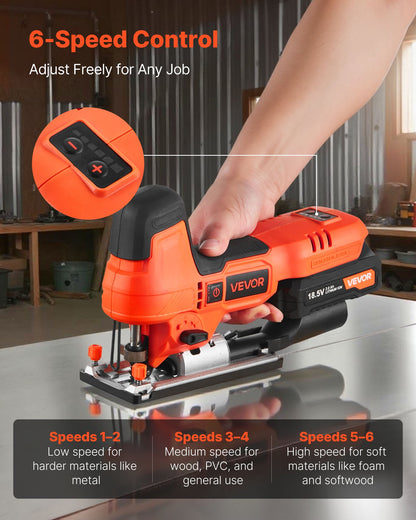 Cordless Jig Saw, 20 V Brushless Motor, 3500 SPM Blade Speed, Cordless Jigsaw with 6 pcs Blades, LED Light, 6 Variable Speed, 0- 45° Bevel Cuts, 4 Orbital Settings for Straight/Circle Cutting