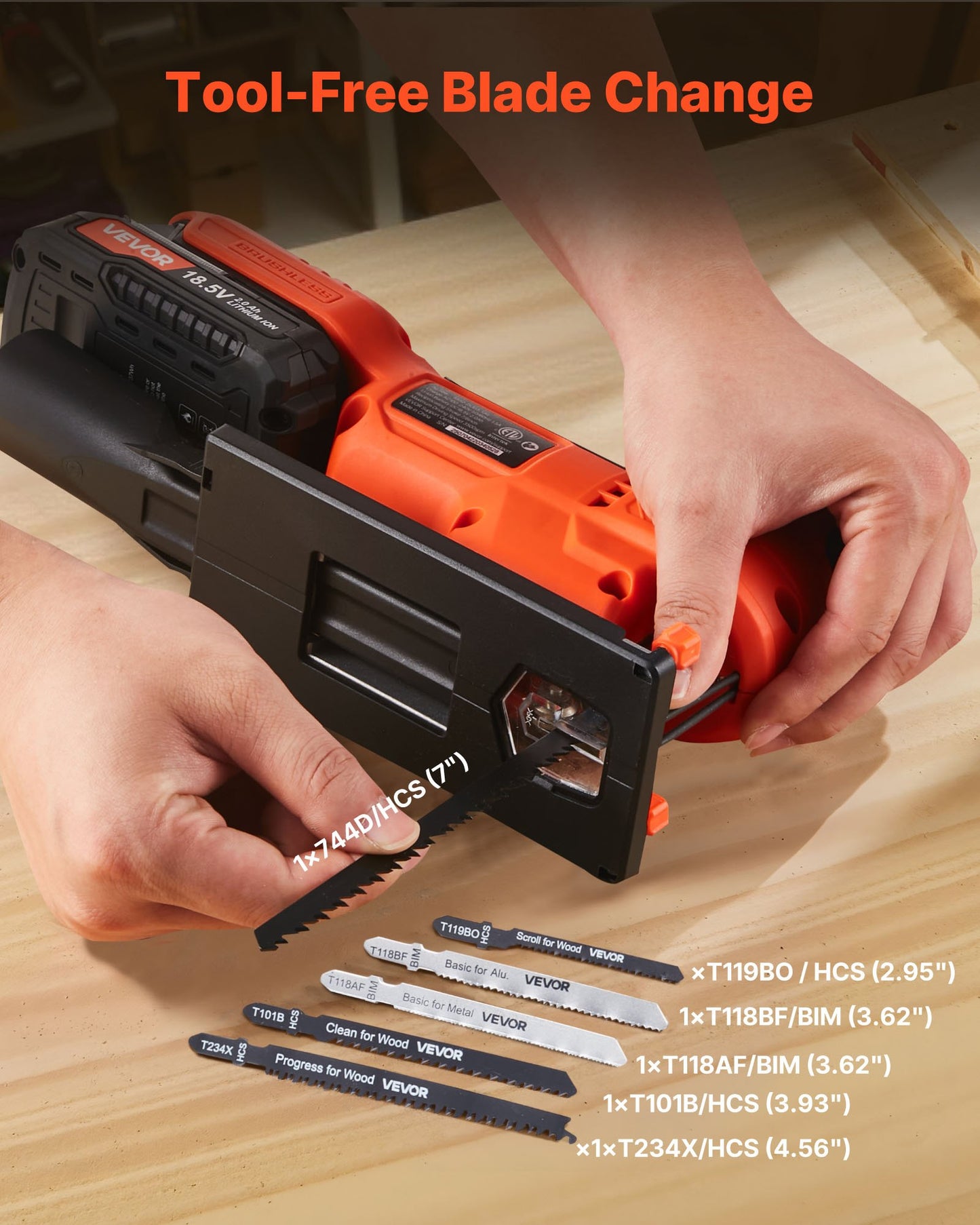 Cordless Jig Saw, 20 V Brushless Motor, 3500 SPM Blade Speed, Cordless Jigsaw with 6 pcs Blades, LED Light, 6 Variable Speed, 0- 45° Bevel Cuts, 4 Orbital Settings for Straight/Circle Cutting