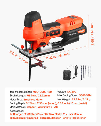 Cordless Jig Saw, 20 V Brushless Motor, 3500 SPM Blade Speed, Cordless Jigsaw with 6 pcs Blades, LED Light, 6 Variable Speed, 0- 45° Bevel Cuts, 4 Orbital Settings for Straight/Circle Cutting