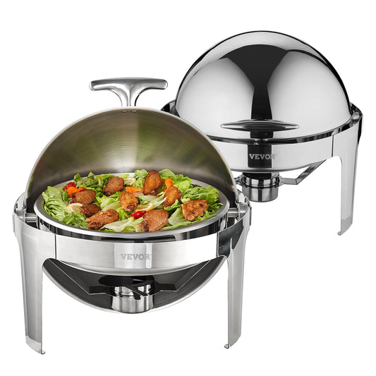 Roll Top Chafing Dish Buffet Set, 6 Qt 2 Pack, rostfritt stål Chafer med 2 fullstora kastruller, Round Catering Warmer Server med lock Vattenpanna Stativ Bränslehållare, för minst 5 personer