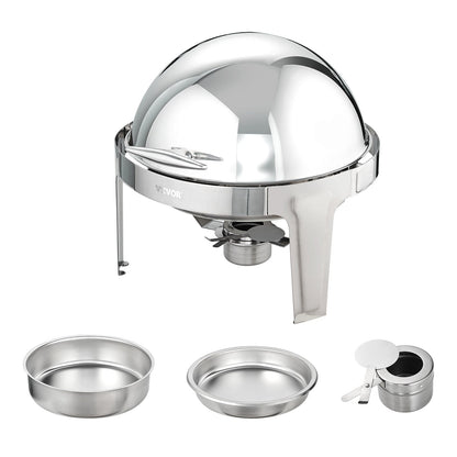 Roll Top Chafing Dish Buffet Set, 6 Qt 2 Pack, Stainless Steel Chafer with 2 Full Size Pans, Round Catering Warmer Server with Lid Water Pan Stand Fuel Holder, for at Least 5 People Each