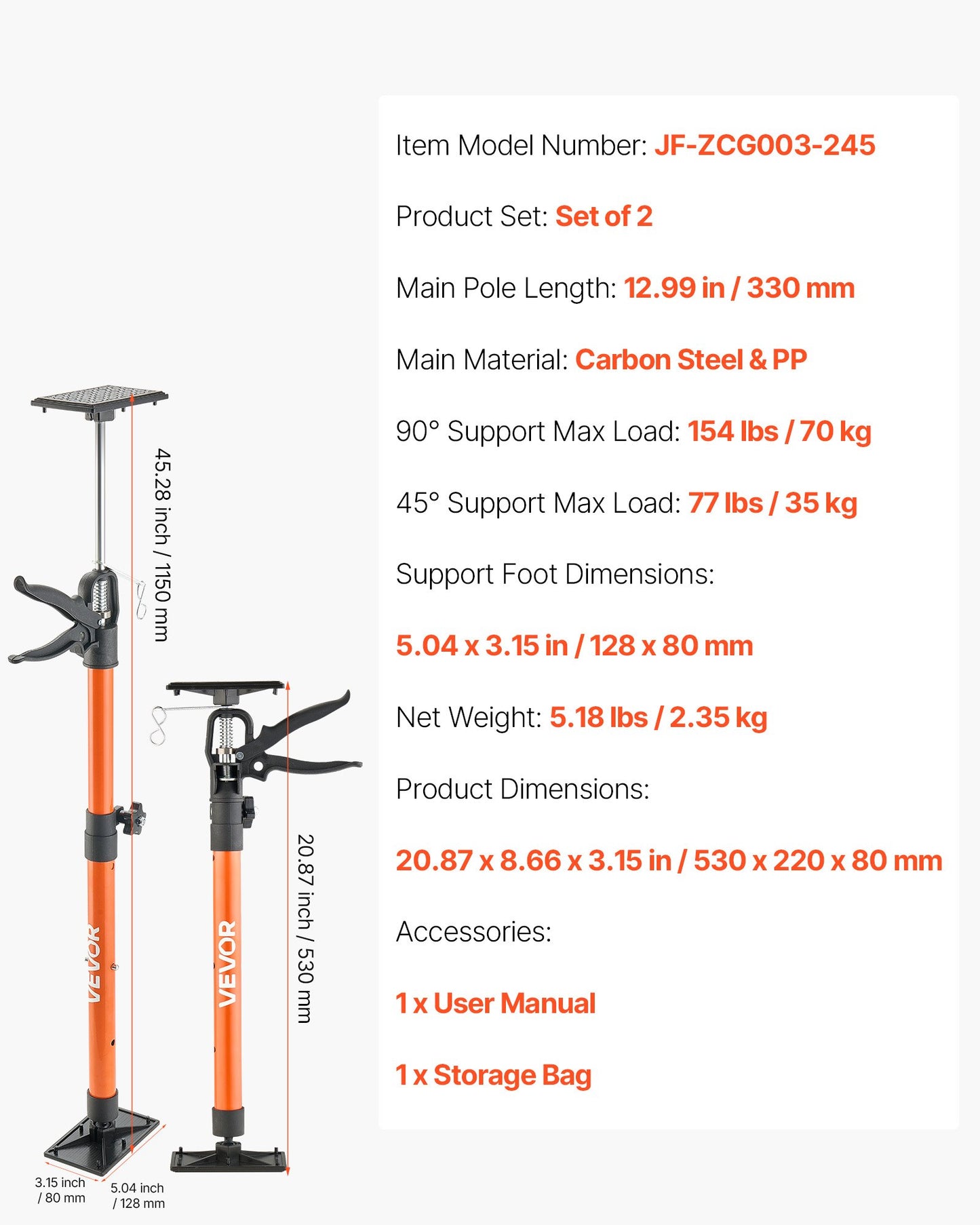 Cabinet Jack Support Pole, 2-Pack, 21.3-60 Inch Steel Telescopic Quick Support Rod, Adjustable 3rd Hand System up to 154 lbs Capacity for Installing Cabinets, Lifting Drywall, Cargo Bars