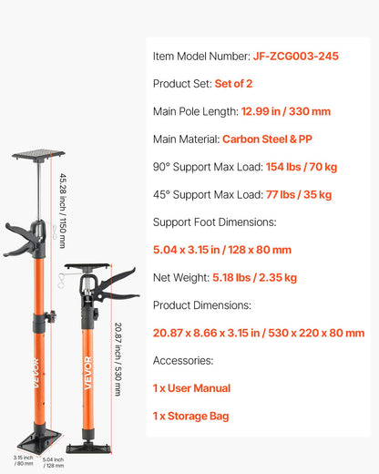 Cabinet Jack Support Pole, 2-Pack, 21.3-60 Inch Steel Telescopic Quick Support Rod, Adjustable 3rd Hand System up to 154 lbs Capacity for Installing Cabinets, Lifting Drywall, Cargo Bars