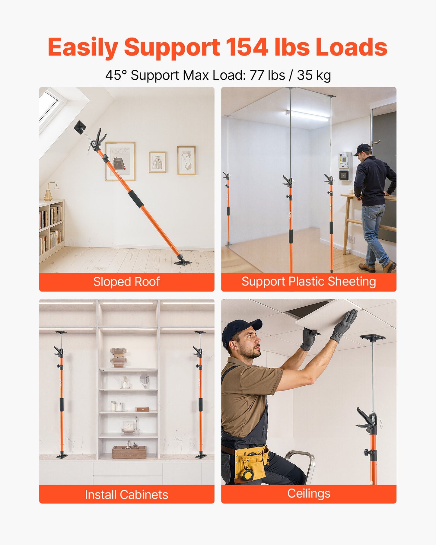 Cabinet Jack Support Pole, 2-Pack, 45.7-114.2 Inch Steel Telescopic Quick Support Rod, Adjustable 3rd Hand System up to 154 lbs Capacity for Installing Cabinets, Lifting Drywall, Cargo Bars
