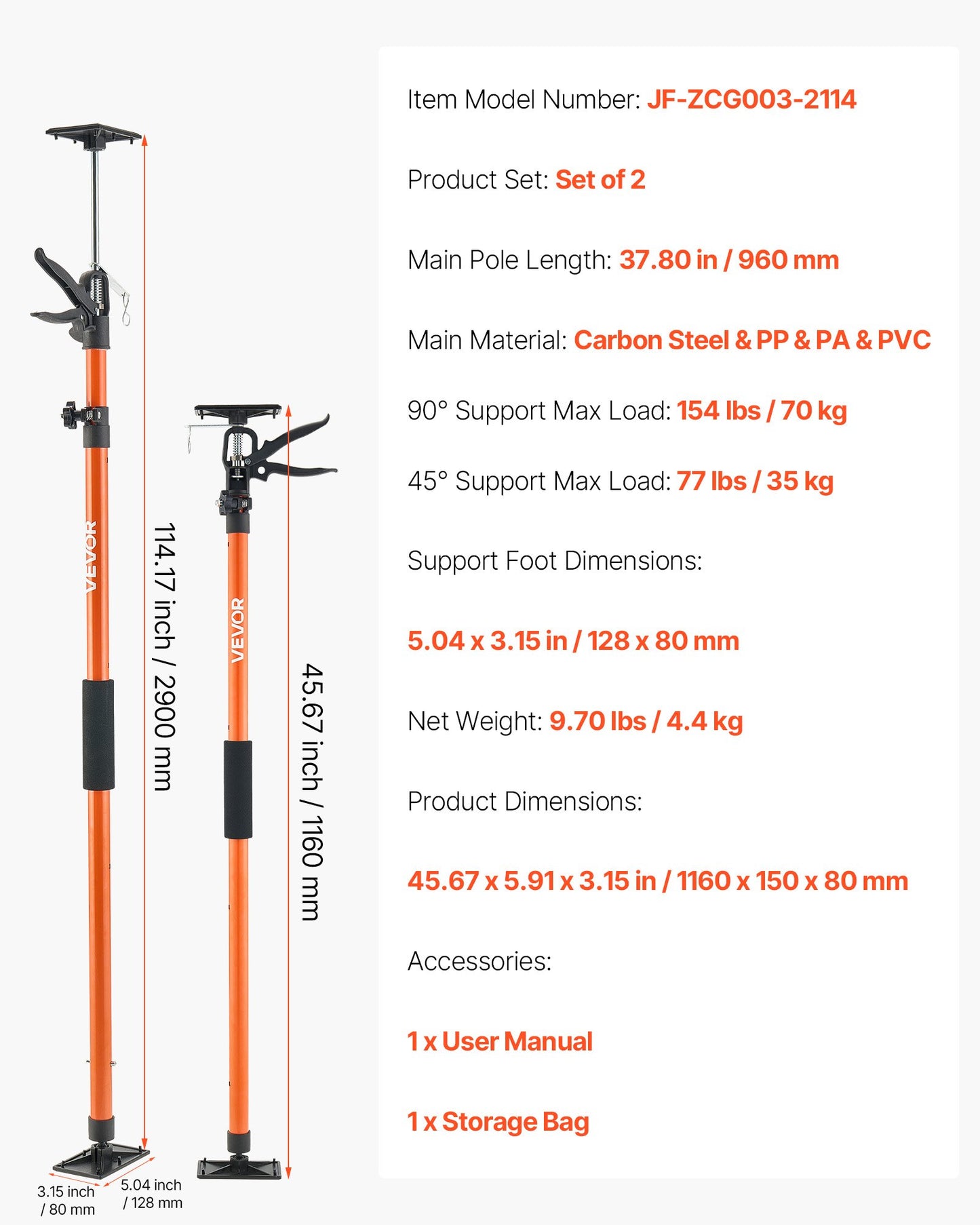 Cabinet Jack Support Pole, 2-Pack, 45.7-114.2 Inch Steel Telescopic Quick Support Rod, Adjustable 3rd Hand System up to 154 lbs Capacity for Installing Cabinets, Lifting Drywall, Cargo Bars