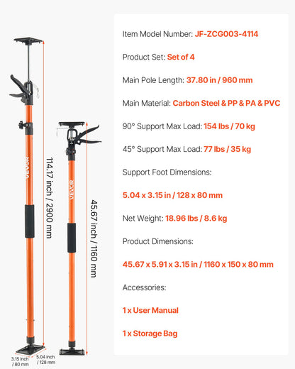 Cabinet Jack Support Pole, 4-Pack, 45.7-114.2 Inch Steel Telescopic Quick Support Rod, Adjustable 3rd Hand System up to 154 lbs Capacity for Installing Cabinets, Lifting Drywall, Cargo Bars