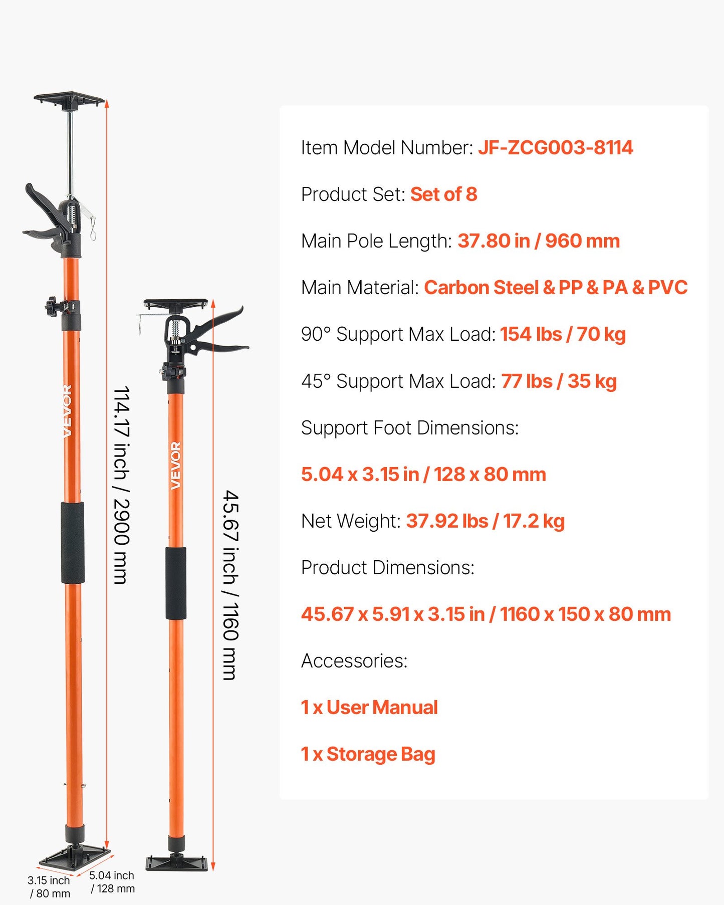 Cabinet Jack Support Pole, 8-Pack, 45.7-114.2 Inch Steel Telescopic Quick Support Rod, Adjustable 3rd Hand System up to 154 lbs Capacity for Installing Cabinets, Lifting Drywall, Cargo Bars