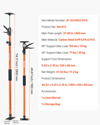 Cabinet Jack Support Pole, 8-Pack, 45.7-114.2 Inch Steel Telescopic Quick Support Rod, Adjustable 3rd Hand System up to 154 lbs Capacity for Installing Cabinets, Lifting Drywall, Cargo Bars
