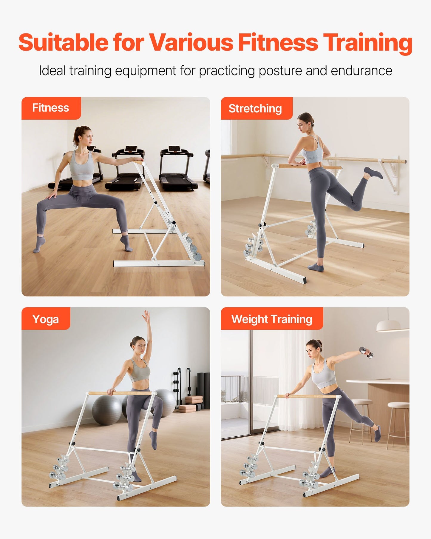 Ballet Barre, 3 ft Freestanding Portable Barre Bar, Home Fitness Exercise Equipment for Abs, Arms, Strength, and Cardio, Easy to Store Foldable Stretching Dance Bars, 4 Level Height Adjustable