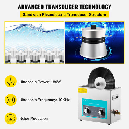 Ultrasonic Vinyl Record Cleaner 6L 40kHz Vinyl Ultrasonic Cleaner Knob Control Record Ultrasonic Cleaner 8 Records Vinyl Sonic Cleaner Stainless Steel Tank with Mechanical Heater &amp; Timer