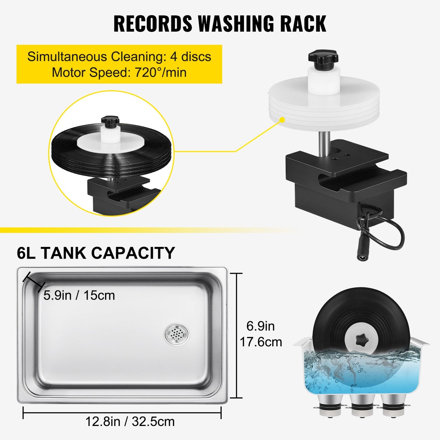 Ultrasonic Vinyl Record Cleaner 6L 40kHz Vinyl Ultrasonic Cleaner Knob Control Record Ultrasonic Cleaner 8 Records Vinyl Sonic Cleaner Stainless Steel Tank with Mechanical Heater &amp; Timer