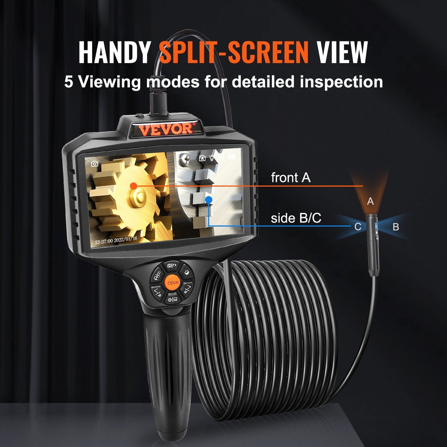 Triple Lens Borescope, 5" IPS Screen Inspection Camera with Lights, 8X Zoom 1080P HD Split Screen, 10 LED Lights Scope Endoscope Camera for Automotive, Plumbing(16.5FT Cable, 32GB Card)