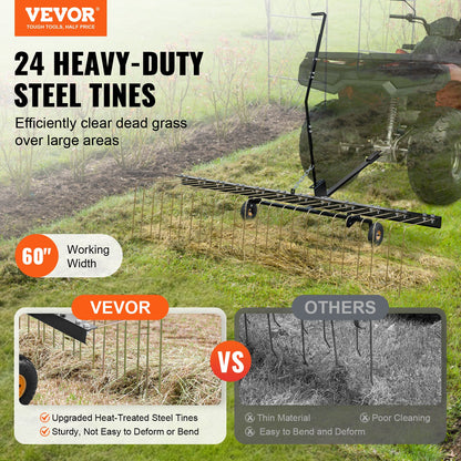 Vertikutierer zum Hinterherziehen, 152,4 cm, Rasenvertikutierer, Rechen für Geländefahrzeuge oder Rasenmäher, 24 Zinken