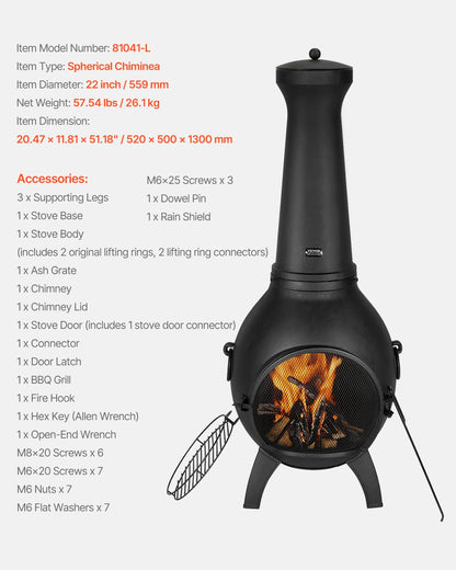 22 Zoll Chiminea Outdoor-Aluminiumkamin mit Grillnetz und Kaminstein