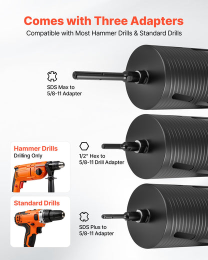 Core Drill Bit, 6 inch Diameter, 9-1/2 inch Drilling Depth, 5/8-11 Internal Thread, Diamond Dry Coring Bit with 3 Adapters, Pilot Drill and Hex Wrench, for Concrete, Red Bricks, and Masonry