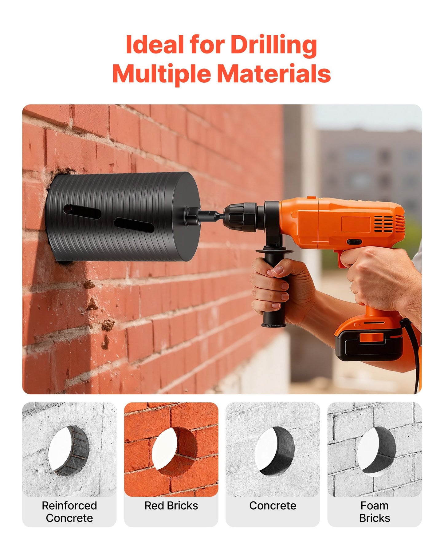 Core Drill Bit, 6 inch Diameter, 9-1/2 inch Drilling Depth, 5/8-11 Internal Thread, Diamond Dry Coring Bit with 3 Adapters, Pilot Drill and Hex Wrench, for Concrete, Red Bricks, and Masonry
