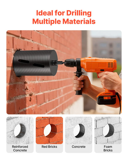 Core Drill Bit, 6 inch Diameter, 9-1/2 inch Drilling Depth, 5/8-11 Internal Thread, Diamond Dry Coring Bit with 3 Adapters, Pilot Drill and Hex Wrench, for Concrete, Red Bricks, and Masonry