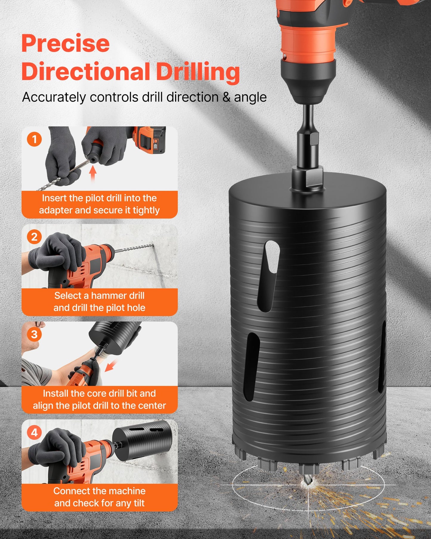 Core Drill Bit, 6 inch Diameter, 9-1/2 inch Drilling Depth, 5/8-11 Internal Thread, Diamond Dry Coring Bit with 3 Adapters, Pilot Drill and Hex Wrench, for Concrete, Red Bricks, and Masonry