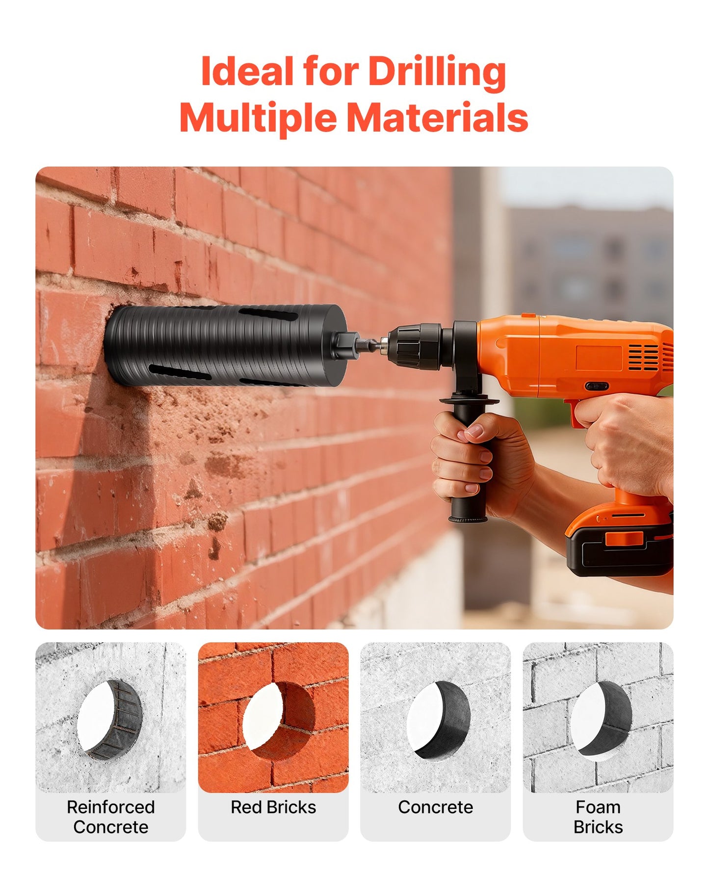 Core Drill Bit, 4 inch Diameter, 9-1/2 inch Drilling Depth, 5/8-11 Internal Thread, Diamond Dry Coring Bit with 3 Adapters, Pilot Drill and Hex Wrench, for Concrete, Red Bricks, and Masonry