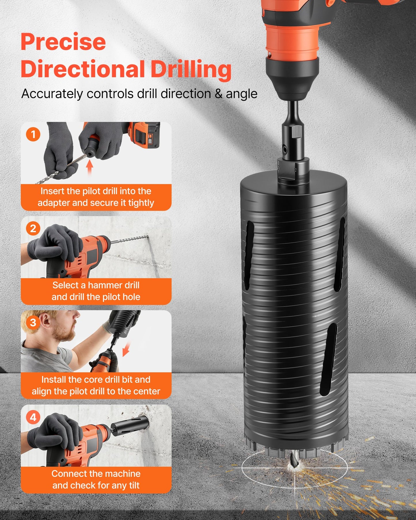 Core Drill Bit, 4 inch Diameter, 9-1/2 inch Drilling Depth, 5/8-11 Internal Thread, Diamond Dry Coring Bit with 3 Adapters, Pilot Drill and Hex Wrench, for Concrete, Red Bricks, and Masonry