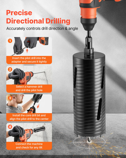 Core Drill Bit, 4 inch Diameter, 9-1/2 inch Drilling Depth, 5/8-11 Internal Thread, Diamond Dry Coring Bit with 3 Adapters, Pilot Drill and Hex Wrench, for Concrete, Red Bricks, and Masonry