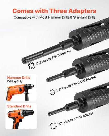 Core Drill Bit, 2-1/2 inch Diameter, 9-1/2 inch Drilling Depth, 5/8-11 Internal Thread, Diamond Dry Coring Bit with 3 Adapters, Pilot Drill and Hex Wrench, for Concrete, Red Bricks, and Masonry