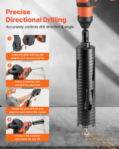 Core Drill Bit, 2-1/2 inch Diameter, 9-1/2 inch Drilling Depth, 5/8-11 Internal Thread, Diamond Dry Coring Bit with 3 Adapters, Pilot Drill and Hex Wrench, for Concrete, Red Bricks, and Masonry