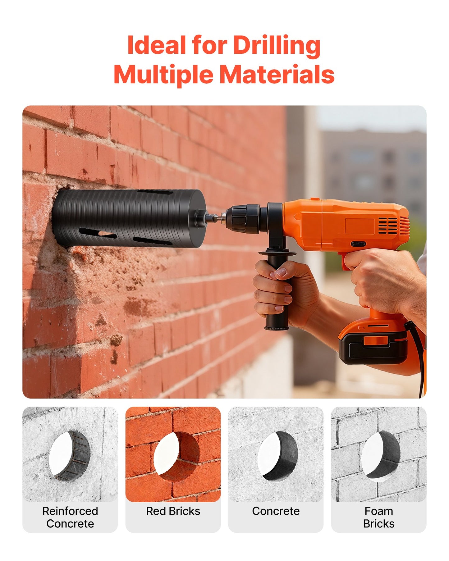 Core Drill Bit, 4-1/4 inch Diameter, 9-1/2 inch Drilling Depth, 5/8-11 Internal Thread, Diamond Dry Coring Bit with 3 Adapters, Pilot Drill and Hex Wrench, for Concrete, Red Bricks, and Masonry