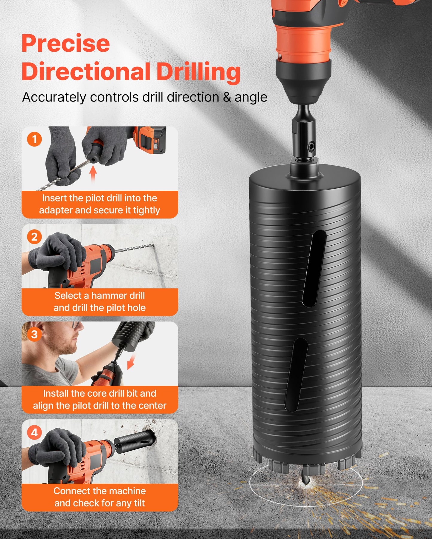 Core Drill Bit, 4-1/4 inch Diameter, 9-1/2 inch Drilling Depth, 5/8-11 Internal Thread, Diamond Dry Coring Bit with 3 Adapters, Pilot Drill and Hex Wrench, for Concrete, Red Bricks, and Masonry