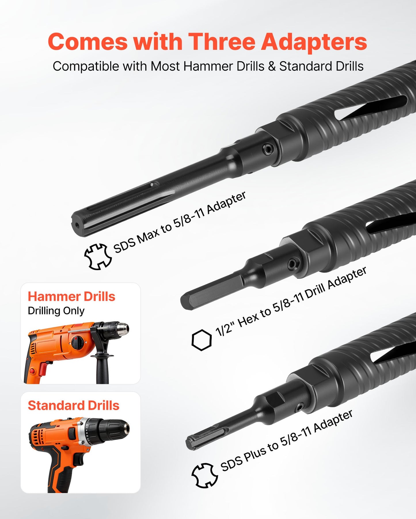 Core Drill Bit, 1-1/2 inch Diameter, 9-1/2 inch Drilling Depth, 5/8-11 Internal Thread, Diamond Dry Coring Bit with 3 Adapters, Pilot Drill and Hex Wrench, for Concrete, Red Bricks, and Masonry