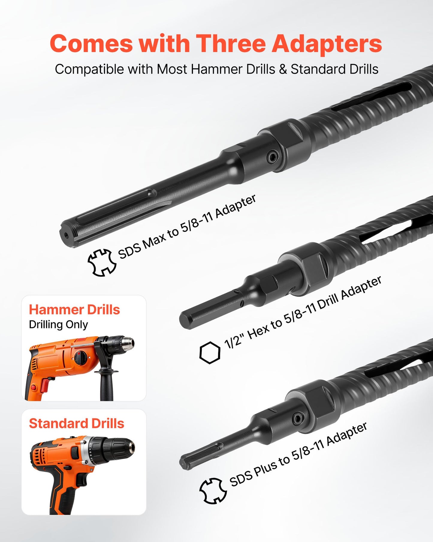Core Drill Bit, 1 inch Diameter, 9-1/2 inch Drilling Depth, 5/8-11 Internal Thread, Diamond Dry Coring Bit with 3 Adapters, Pilot Drill and Hex Wrench, for Concrete, Red Bricks, and Masonry