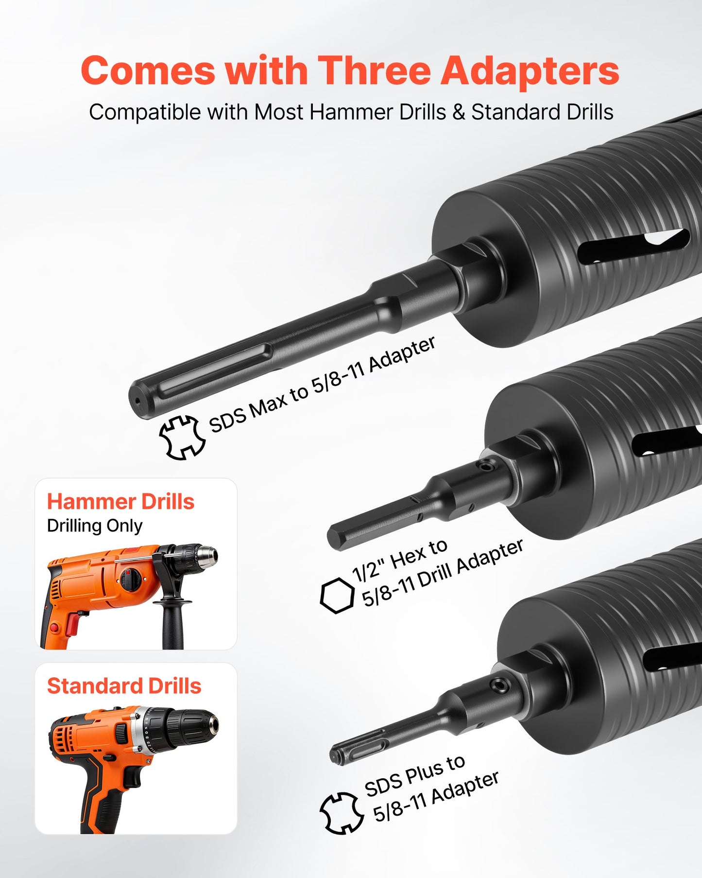 Core Drill Bit, 3 inch Diameter, 9-1/2 inch Drilling Depth, 5/8-11 Internal Thread, Diamond Dry Coring Bit with 3 Adapters, Pilot Drill and Hex Wrench, for Concrete, Red Bricks, and Masonry