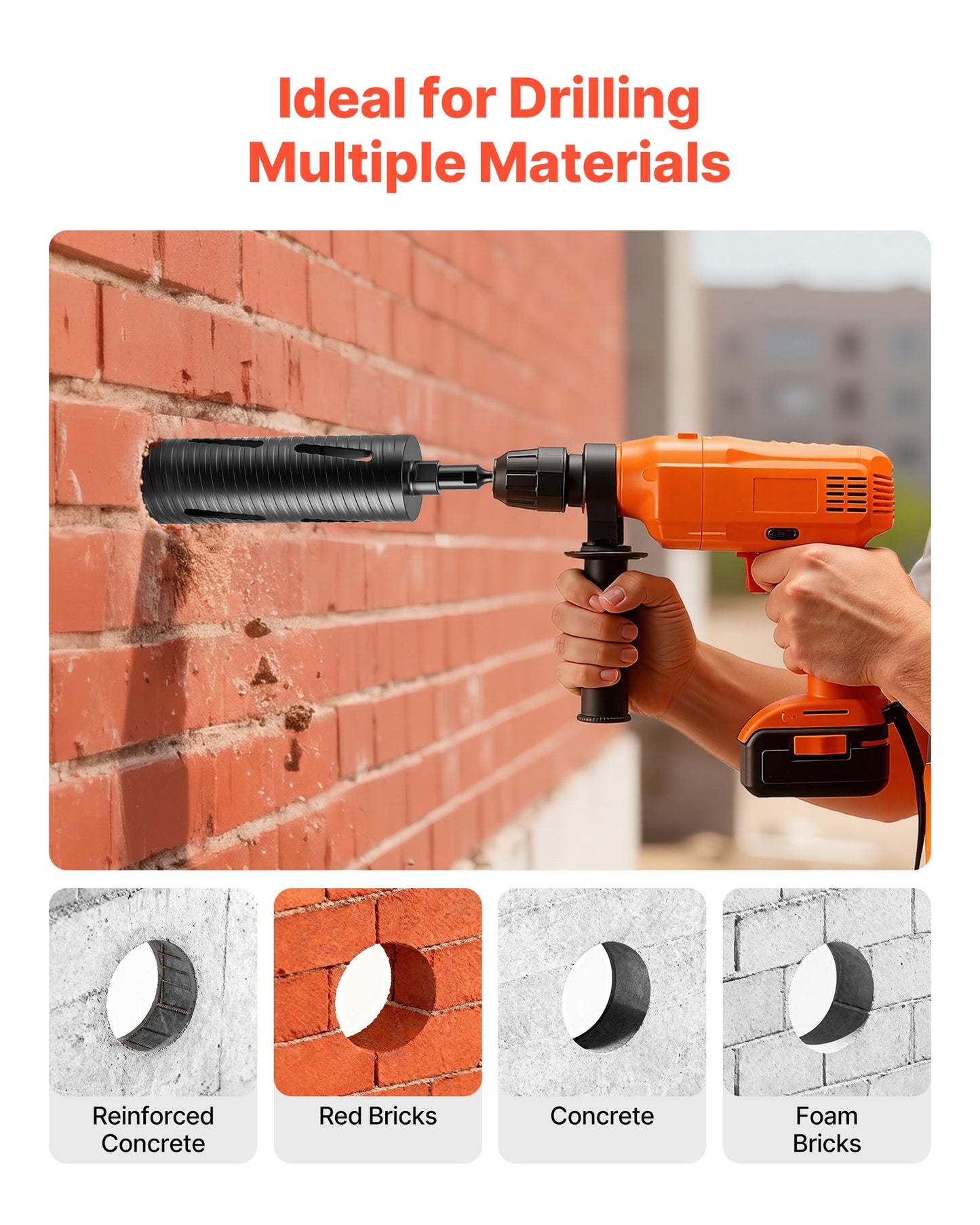 Core Drill Bit, 3 inch Diameter, 9-1/2 inch Drilling Depth, 5/8-11 Internal Thread, Diamond Dry Coring Bit with 3 Adapters, Pilot Drill and Hex Wrench, for Concrete, Red Bricks, and Masonry