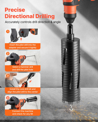 Core Drill Bit, 3 inch Diameter, 9-1/2 inch Drilling Depth, 5/8-11 Internal Thread, Diamond Dry Coring Bit with 3 Adapters, Pilot Drill and Hex Wrench, for Concrete, Red Bricks, and Masonry