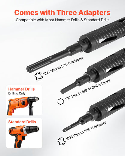 Core Drill Bit, 2 inch Diameter, 9-1/2 inch Drilling Depth, 5/8-11 Internal Thread, Diamond Dry Coring Bit with 3 Adapters, Pilot Drill and Hex Wrench, for Concrete, Red Bricks, and Masonry