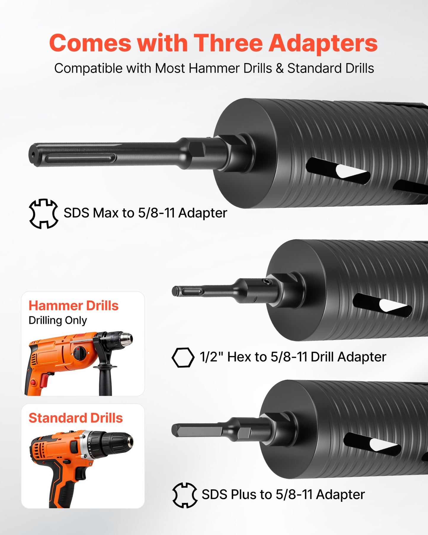 Core Drill Bit, 3-1/2 inch Diameter, 9-1/2 inch Drilling Depth, 5/8-11 Internal Thread, Diamond Dry Coring Bit with 3 Adapters, Pilot Drill and Hex Wrench, for Concrete, Red Bricks, and Masonry