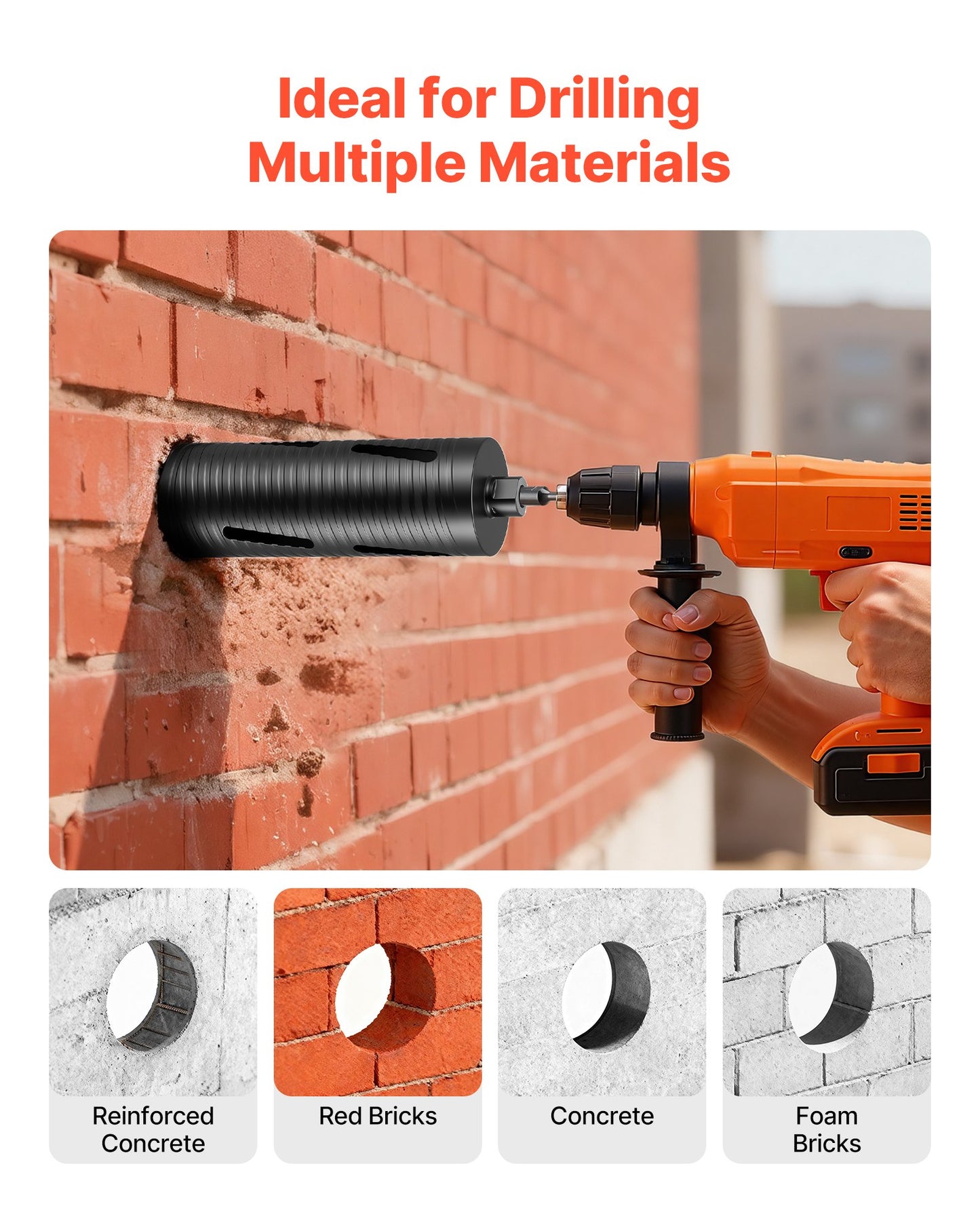 Core Drill Bit, 3-1/2 inch Diameter, 9-1/2 inch Drilling Depth, 5/8-11 Internal Thread, Diamond Dry Coring Bit with 3 Adapters, Pilot Drill and Hex Wrench, for Concrete, Red Bricks, and Masonry