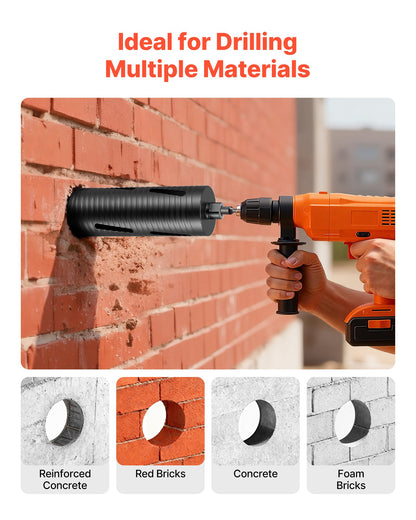 Core Drill Bit, 3-1/2 inch Diameter, 9-1/2 inch Drilling Depth, 5/8-11 Internal Thread, Diamond Dry Coring Bit with 3 Adapters, Pilot Drill and Hex Wrench, for Concrete, Red Bricks, and Masonry