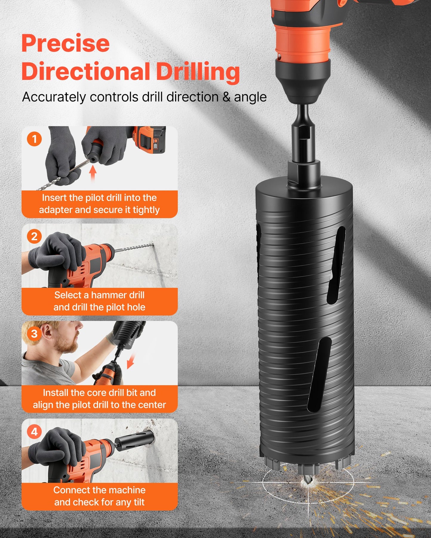 Core Drill Bit, 3-1/2 inch Diameter, 9-1/2 inch Drilling Depth, 5/8-11 Internal Thread, Diamond Dry Coring Bit with 3 Adapters, Pilot Drill and Hex Wrench, for Concrete, Red Bricks, and Masonry