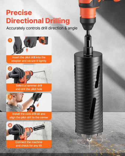 Core Drill Bit, 3-1/2 inch Diameter, 9-1/2 inch Drilling Depth, 5/8-11 Internal Thread, Diamond Dry Coring Bit with 3 Adapters, Pilot Drill and Hex Wrench, for Concrete, Red Bricks, and Masonry