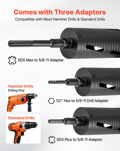Core Drill Bit, 4-1/2 inch Diameter, 9-1/2 inch Drilling Depth, 5/8-11 Internal Thread, Diamond Dry Coring Bit with 3 Adapters, Pilot Drill and Hex Wrench, for Concrete, Red Bricks, and Masonry