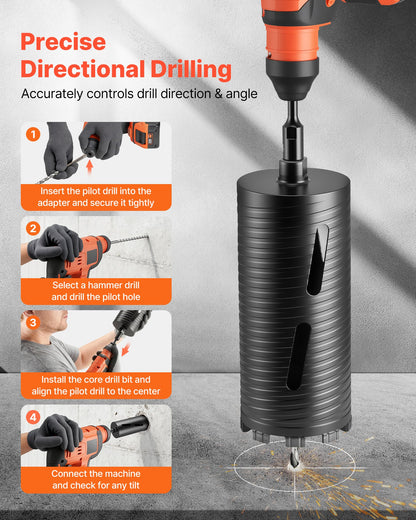 Core Drill Bit, 4-1/2 inch Diameter, 9-1/2 inch Drilling Depth, 5/8-11 Internal Thread, Diamond Dry Coring Bit with 3 Adapters, Pilot Drill and Hex Wrench, for Concrete, Red Bricks, and Masonry