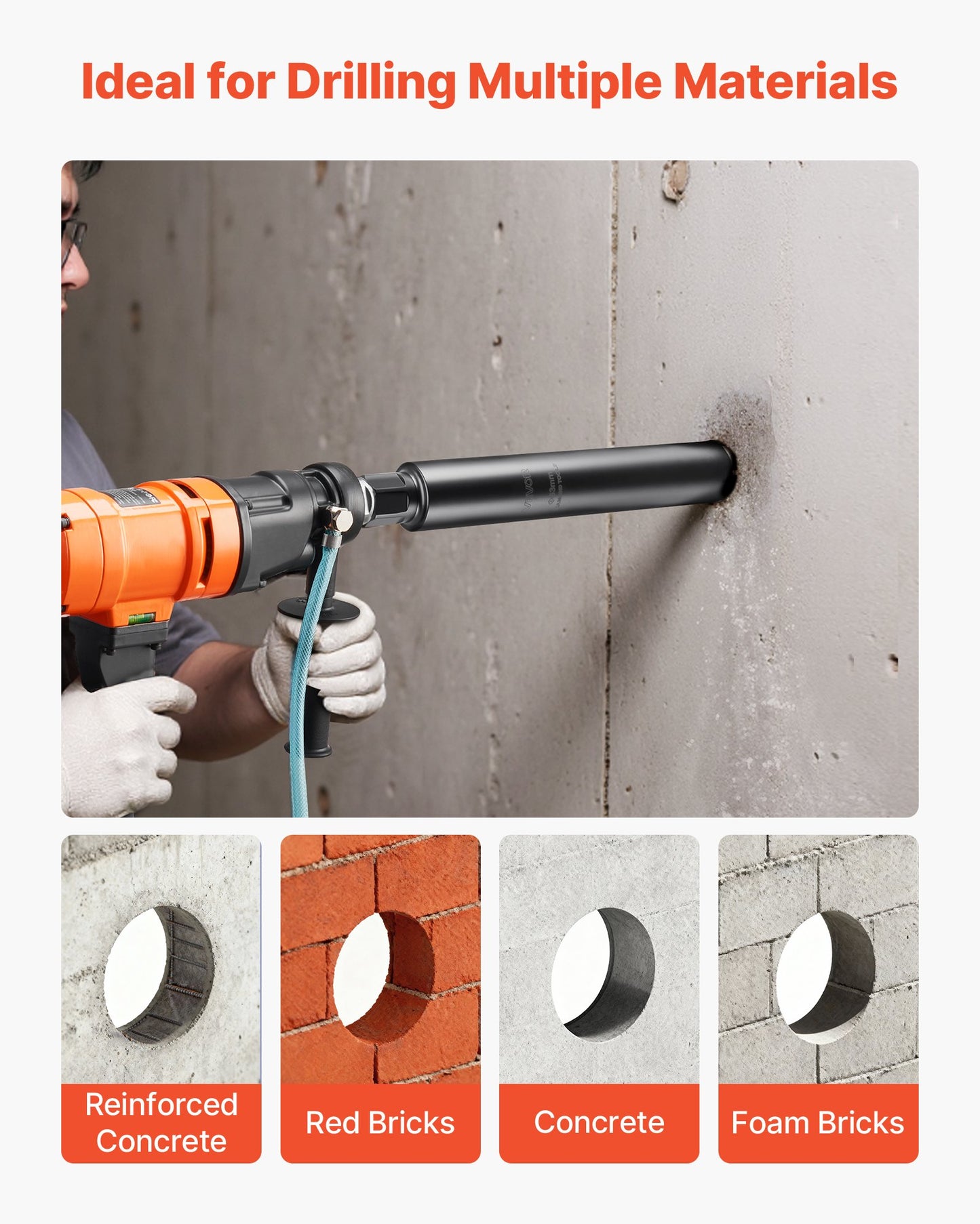 Core Drill Bit, 2-1/2 inch Diameter, 14 inch Drilling Depth, 1-1/4 in-7 Internal Thread, High-Precision Welding Technology, Wet Diamond Core Bit for Reinforced Concrete, Bricks, and Masonry