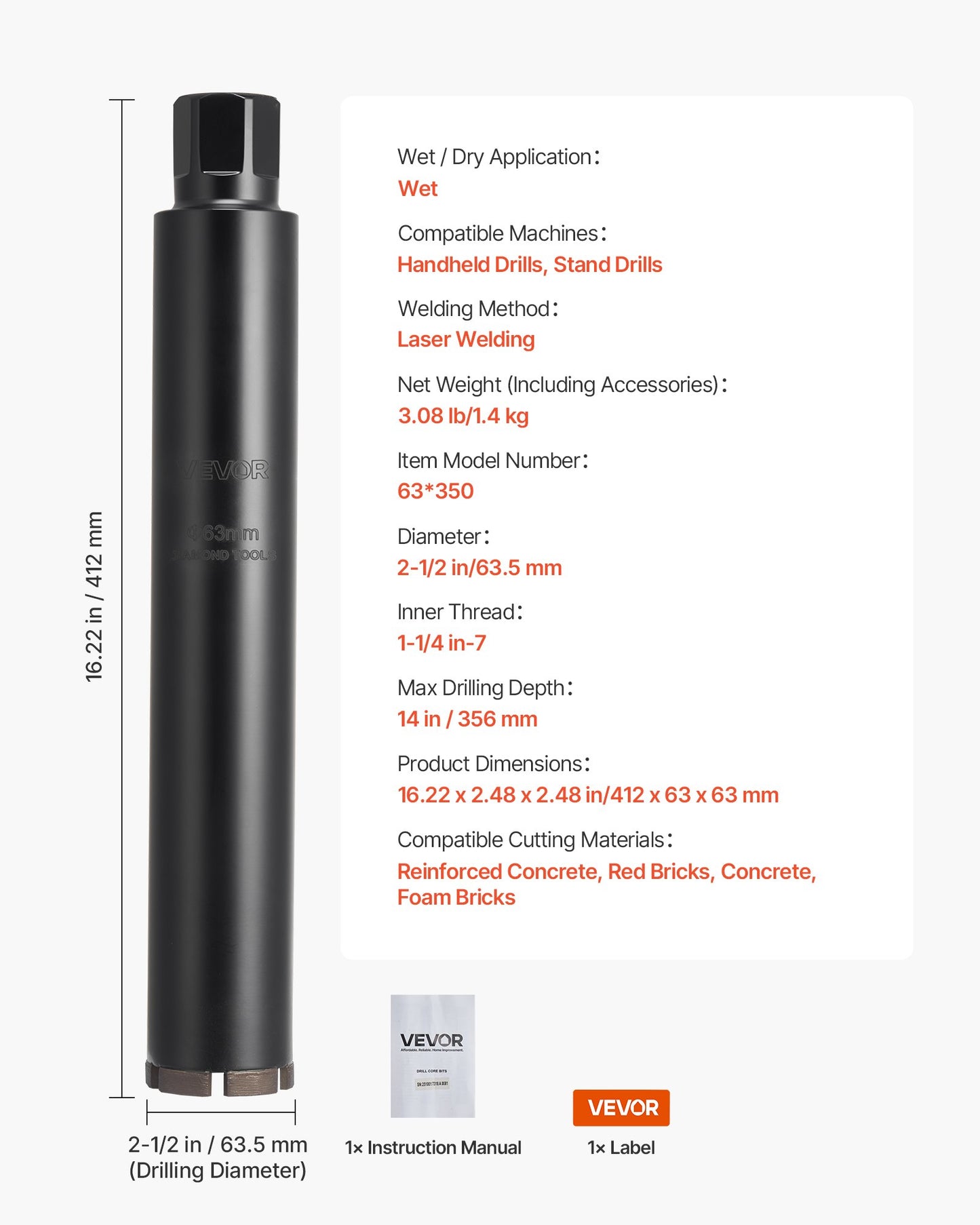 Core Drill Bit, 2-1/2 inch Diameter, 14 inch Drilling Depth, 1-1/4 in-7 Internal Thread, High-Precision Welding Technology, Wet Diamond Core Bit for Reinforced Concrete, Bricks, and Masonry