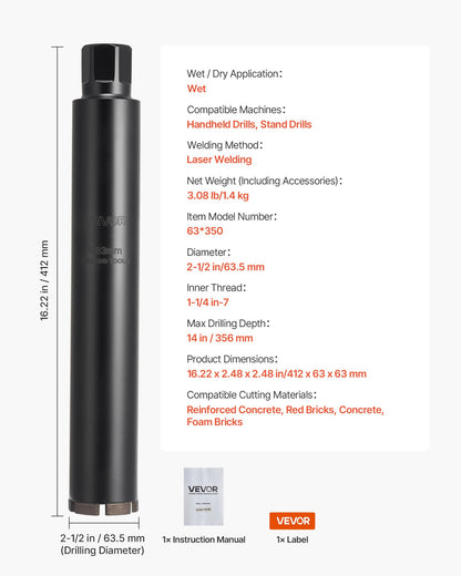 Core Drill Bit, 2-1/2 inch Diameter, 14 inch Drilling Depth, 1-1/4 in-7 Internal Thread, High-Precision Welding Technology, Wet Diamond Core Bit for Reinforced Concrete, Bricks, and Masonry